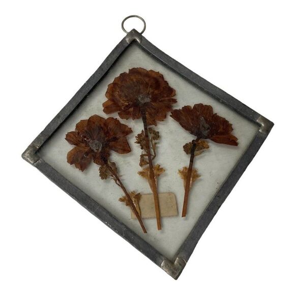 Vtg Handmade Pressed Flowers in Pewter Glass Frame Hanging SunCatcher 6” Square - Picture 2 of 5
